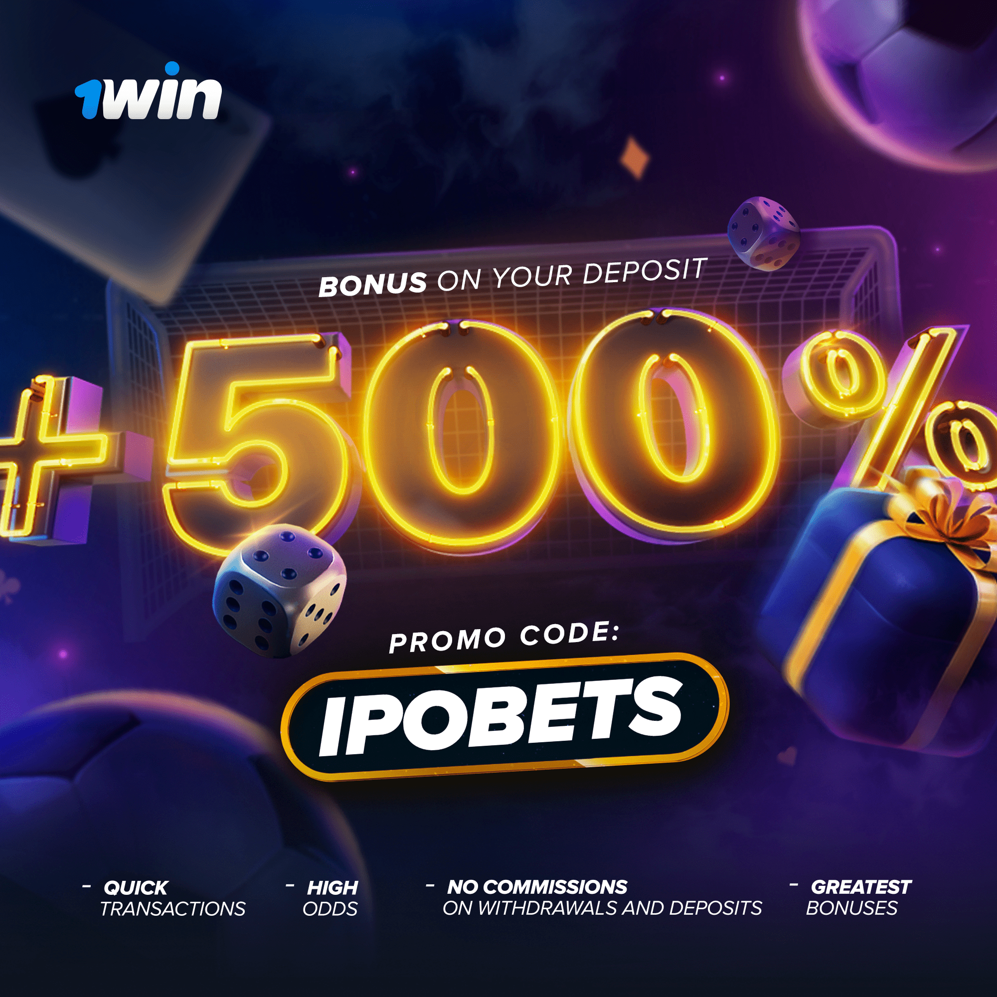 Official 1win offer for new players: Claim a 500% deposit bonus using promo code IPOBETS, highlighting quick transactions, high odds, no commissions, and great bonuses.